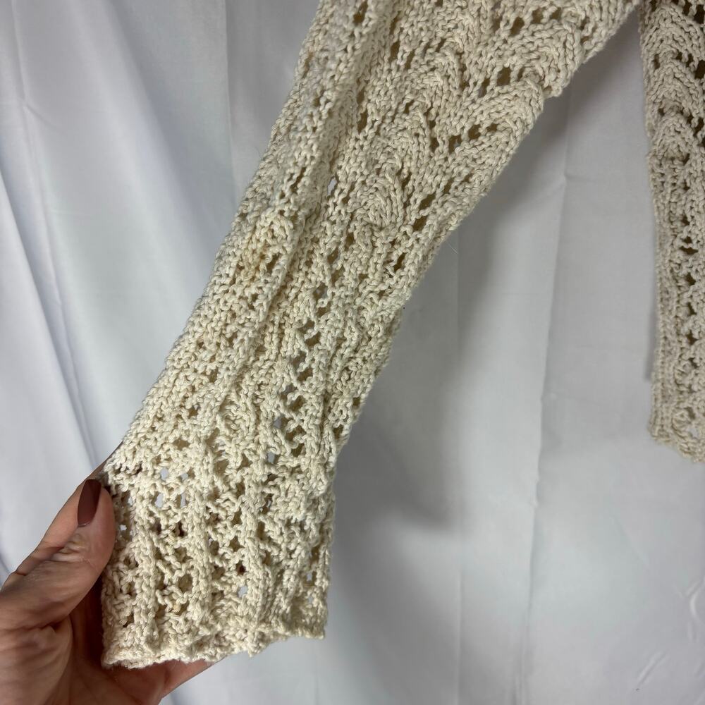 American Eagle Crochet Polo Sweater M Boho Tassel Tie Open Knit Beachy Layer - Picture 5 of 6